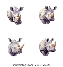 set of cute rhino watercolor illustrations for printing on baby clothes, sticker, postcards, baby showers, games and books, safari jungle animals vector