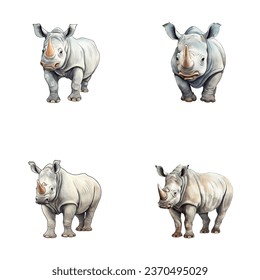 set of cute rhino watercolor illustrations for printing on baby clothes, sticker, postcards, baby showers, games and books, safari jungle animals vector