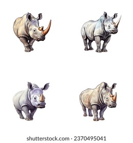 set of cute rhino watercolor illustrations for printing on baby clothes, sticker, postcards, baby showers, games and books, safari jungle animals vector