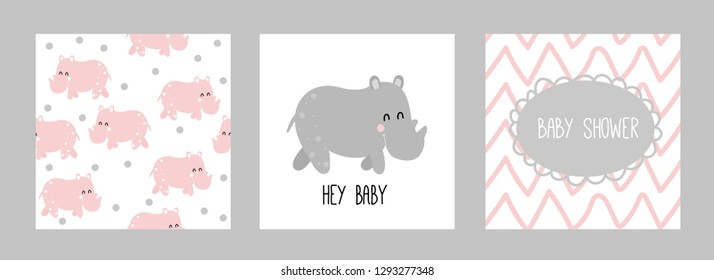Set with cute rhinoceros, baby shower, seamless pattern. Hand-drawn. For print.