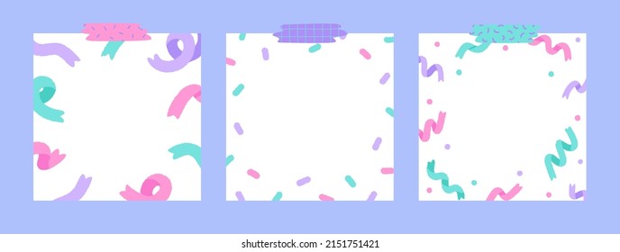 Set Of Cute Ribbon Blank Notepad With Tape. Hand Drawn Vector Illustration. Template Paper For Sticker Note, Memo. Cartoon Style. Isolated.