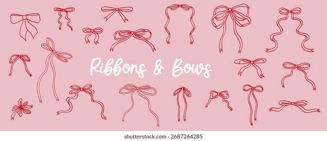 Conjunto de lazos de cinta linda. Elementos de arte de una línea dibujados a mano sobre un fondo rosa.