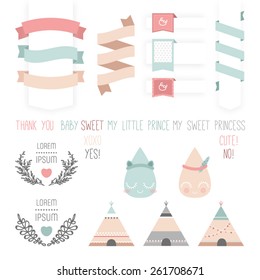 Set of cute ribbons, labels, droplet. Vintage set. Stylish invitation in bright colors. 