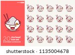 Set of Cute Rice Bowl Emoji Line Icons In Different Expressions