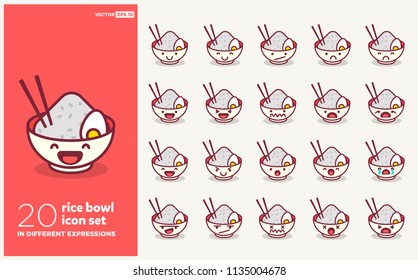 Set of Cute Rice Bowl Emoji Line Icons In Different Expressions