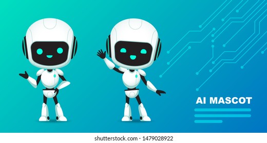 Set of cute robot ai character with circuits background vector illustration