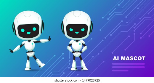 Set of cute robot ai character with circuits background vector illustration