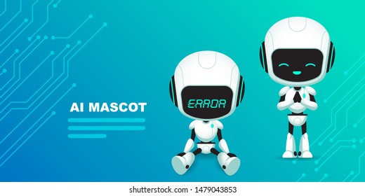 Set of cute robot ai character with circuits background vector illustration