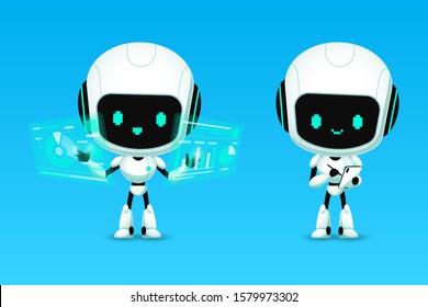 Set of cute robot ai character, analyze and note action, kawaii mascot cartoon for future life concept, isolated vector illustration