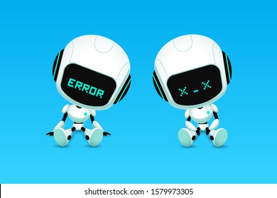 Set of cute robot ai character, error, crash action, kawaii mascot cartoon for future life concept, isolated vector illustration