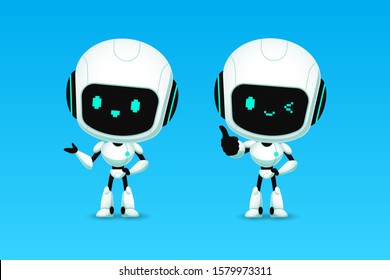 Set of cute robot ai character, show thumb up, presentation, action, kawaii mascot cartoon for future life concept, isolated vector illustration