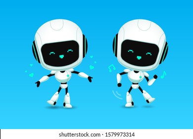 Set of cute robot ai character, love and dance action, kawaii mascot cartoon for future life concept, isolated vector illustration