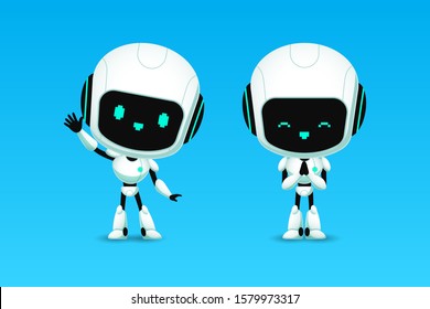 Set of cute robot ai character, greeting and note action, kawaii mascot cartoon for future life concept, isolated vector illustration