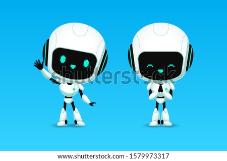 Set of cute robot ai character, greeting and note action, kawaii mascot cartoon for future life concept, isolated vector illustration