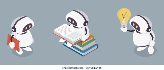 A set of cute robot assistants. Online learning concept. Isometric smart AI chat bot with books and idea lightbulb. 