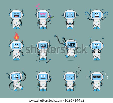 Set of cute robot character in different poses and with various emotions. Vector character collection