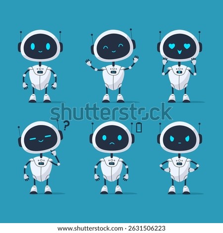 Set of cute robot character with different emotions happy, sad, angry, confused, in love, and low battery. Vector illustration, perfect for apps, games, tech and educational projects