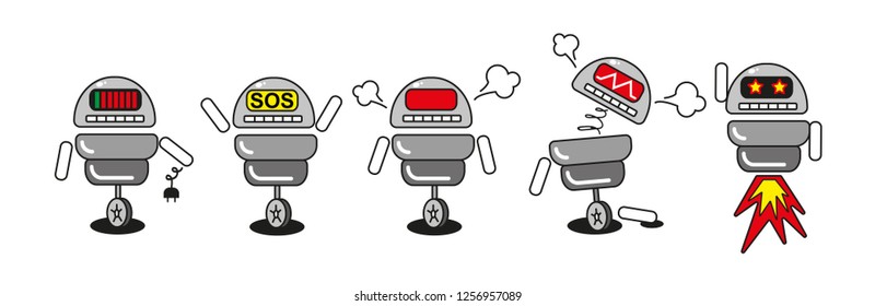 Set of cute robot character in various poses and with different emotions. Vector character collection