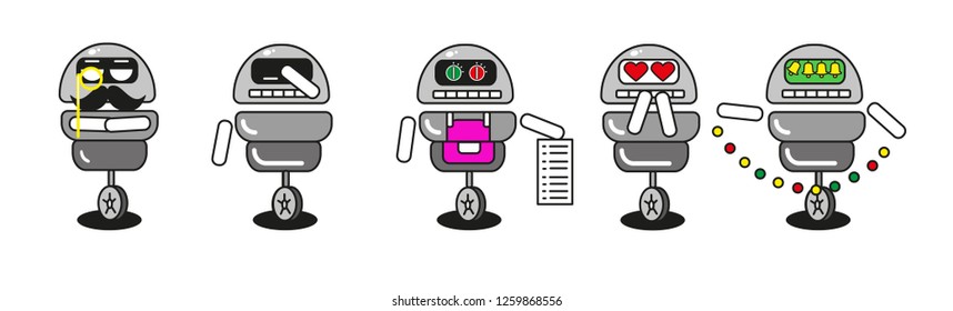 Set of cute robot character in various poses and with different emotions. Vector character collection