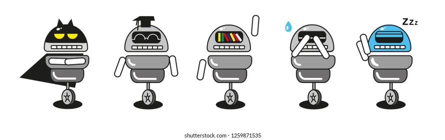 Set of cute robot character in various poses and with different emotions. Vector character collection