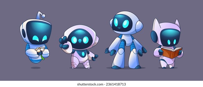 Set of cute robot characters isolated on background. Vector cartoon illustration of funny smart bot mascots with led eyes and smile on screen face, holding flower, showing victory sign, reading book