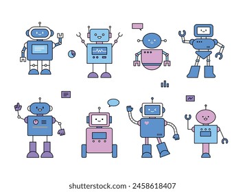 Set of cute robot characters. Standing straight ahead, raising your hand and speaking. Outline style simple vector illustration.