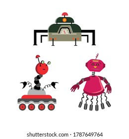 Conjunto de robots lindos en diferentes poses. El personaje va rápido. Dibujo infantil. Tecnologías modernas y progreso. Objetos aislados. Vector.