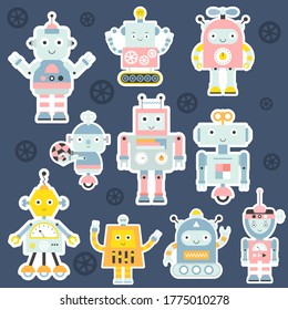Conjunto de caracteres lindos de robot y transformador en conjunto de pegatinas. Robótica para los niños. Ilustración vectorial.