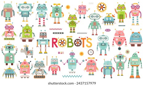 Set von niedlichen Roboter und Transformator Zeichen isoliert auf weißem Hintergrund. Robotik für Kinder. Vektorgrafik.