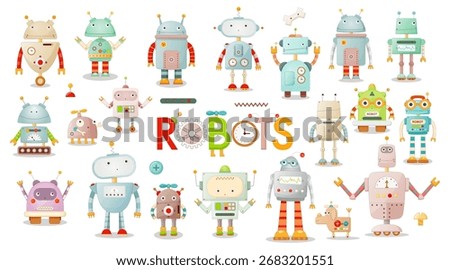 Set of cute robot and transformer characters isolated on white background. Robotics for kids. Vector illustration.