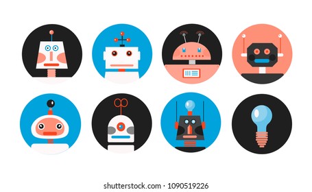Set of cute robots avatars. Isolated on white. Flat vector illustration. 