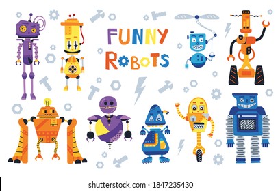 Set of cute robots in cartoon style. Chatbot icon collection. Illustration with robot toys collection. Vector