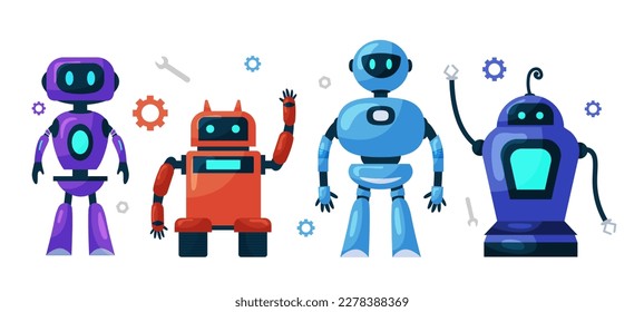 Set of cute robots, chatbots, AI bots characters design vector. AI technology and cyber characters. Futuristic technology service and communication artificial intelligence concept.