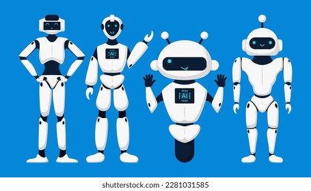 Conjunto de robots lindos, chatbots, IA bots, vector de diseño de personajes. Tecnología de IA y personajes cibernéticos. Servicio de tecnología futurista y concepto de inteligencia artificial de comunicación.