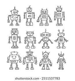 Set of Cute robots in doodle style, children's, vector illustration