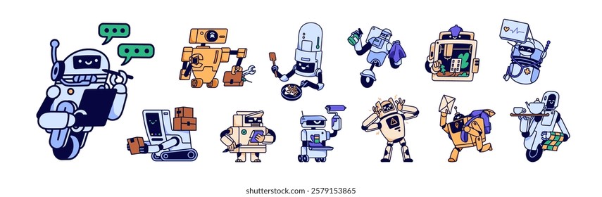 Set of cute robots. Humanoid machines, computers with artificial intelligence help with delivery, medicine. AI assistants, funny cyborgs, bots. Flat isolated vector illustrations on white background