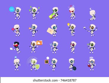 Set Of Cute Robots Icons Isolated On Blue Background Modern Technology Artificial Intelligence Concept Vector Illustration