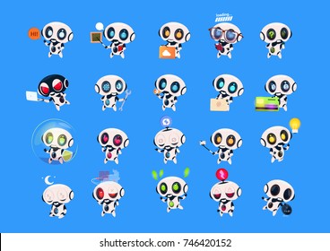 Set Of Cute Robots Icons Isolated On Blue Background Modern Technology Artificial Intelligence Concept Vector Illustration