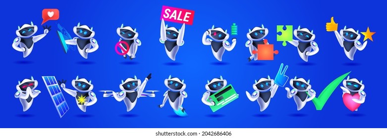 set cute robots modern robotic characters collection artificial intelligence technology concept