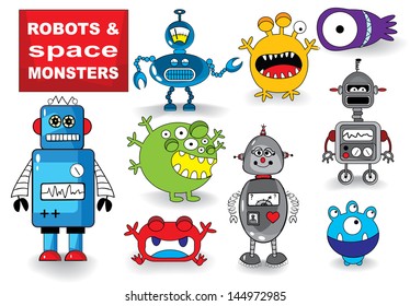 Set of Cute Robots and Monsters, vector illustration