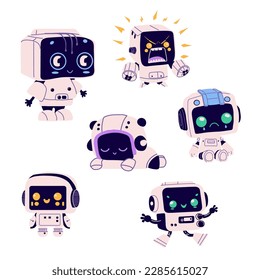 Set of Cute robots in retro futuristic style. Android bot character, smart machine . Smart assistant with clipboard, studying information. Flat vector illustration isolated on white background