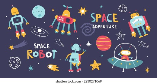 Set of cute robots in the space. Cosmic collection with funny robot astronauts. Sticker bundle for kids.