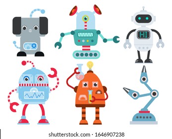 A set of cute robots in the style of cartoon to design posters, invitations to children's parties, posters for events, game certificates. Vector illustration concept robots, space, science