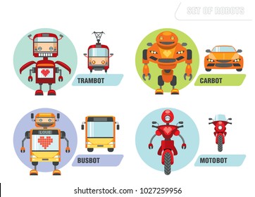Set of cute robots transforming into transport. Cartoon icons set. New technology. Vector illustrations in flat style.
