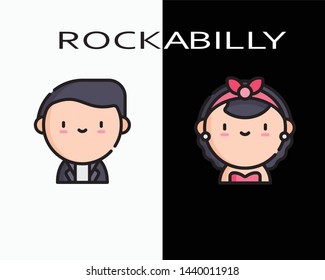 Set cute rockabilly cartoon icon on black and white background - fashion - style - cool - vector