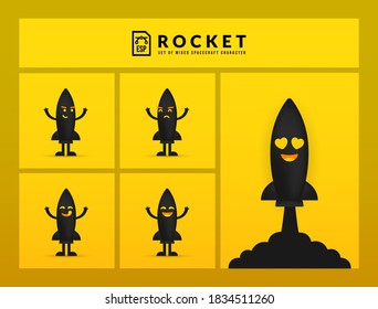 Juego de adorables personajes de cohete sobre fondo amarillo