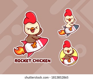 set of cute rocket chicken logo with optional appearance. premium kawaii vector