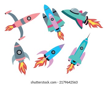 Set of cute rocket isolated on white background
