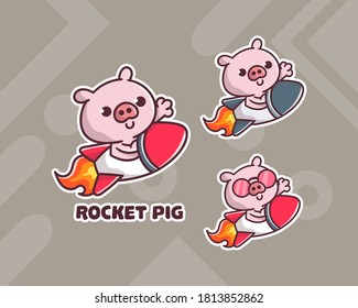 set of cute rocket pig logo with optional appearance. premium kawaii vector