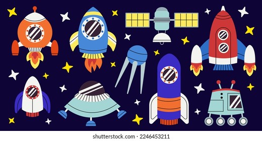 Set of cute rockets with fire, spaceships aliens, UFO, sputnik, stars in outer space. Fantastic galaxy, cosmic rocketship, spacecraft in cosmos. Childish universe, space exploration. Cartoon vector.